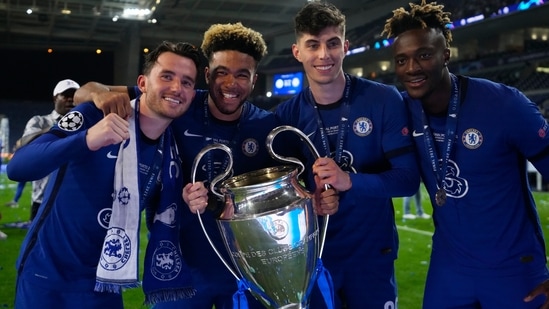From left to right, Ben Chilwell, Chelsea's Reece James, Chelsea's Kai Havertz, and Chelsea's Tammy Abraham celebrate with the trophy after winning the Champions League final soccer match between Manchester City and Chelsea at the Dragao Stadium in Porto.(AP)