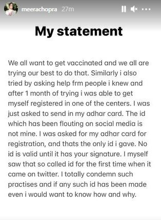 A screenshot of Meera Chopra's statement.
