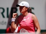  Poland's Iga Swiatek reacts during her first-round match against Slovenia's Kaja Juvan.