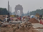 Construction work underway as part of the Central Vista project, at Rajpath in New Delhi. (PTI) Construction work underway as part of the Central Vista project, at Rajpath in New Delhi. (PTI)