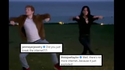 The image shows Courteney Cox and Ed Sheeran dancing The Routine.