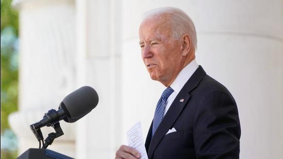 US President Joe Biden delivers a speech during the National Memorial Day observance at Arlington National Cemetery in Arlington, Virginia, on Monday. (REUTERS) US President Joe Biden delivers a speech during the National Memorial Day observance at Arlington National Cemetery in Arlington, Virginia, on Monday. (REUTERS)