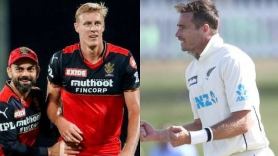 File Photos of RCB players Virat Kohli and Kyle Jamieson (left) and Tim Southee (right).(HT Collage)