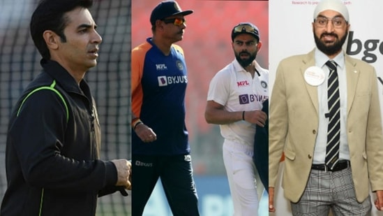 File Photos of Salman Butt (left), Monty Panesar (right) and Ravi Shastri and Virat Kohli.(HT Collage)