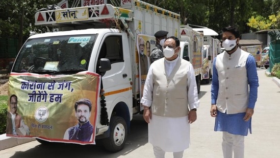 BJP president JP Nadda and Union minister of state, Finance, Anurag Thakur flagging off medical supplies to Himachal Pradesh.