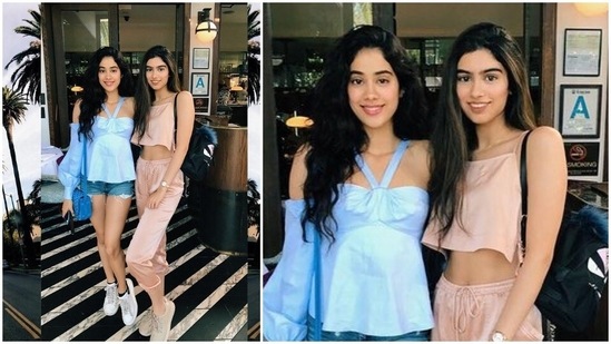 Khushi looked beautiful in peach satin joggers and top which she paired with a pair of sneakers. Janhvi looked comfy yet stylish in a cold shoulder blue top, denim shorts and white sneakers.(Instagram/khushi05k)