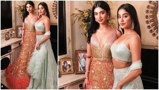The glamourous sisters looked as stylish as ever in embellished outfits. Janhvi donned a shimmery pastel lehenga, while Khushi opted for a peach and golden gown.(Instagram/khushi05k)