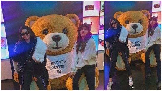 Acing the street-style look, Janhvi wore black wide trousers, a white sweater and black boots. She accessorised her look with a cap with devil's horns. Khushi rocked the look with black joggers, cropped top, an oversized jacket and white sneakers. She styled it with black cat-eye shades and a white furry shawl.(Instagram/khushi05k)