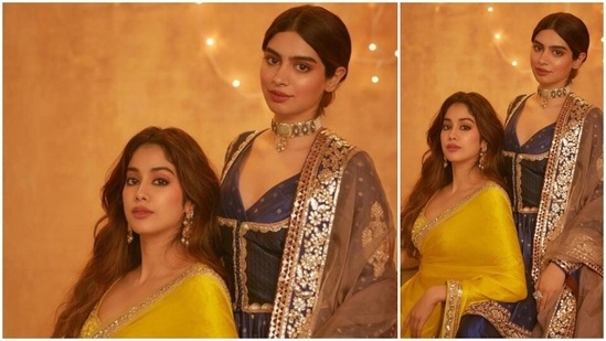 Whether it is a Diwali or a wedding party, they both show up in stylish designer lehengas. In this photo shared by Khushi on Diwali, Janhvi can be seen wearing a bright yellow saree while Khushi looked to-die-for in a blue Anarkali suit.(Instagram/khushi05k)
