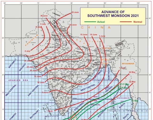 Southwest monsoon normally sets in over Kerala around June 1. It advances northwards, usually in surges, and covers the entire country around July 5. (Sourced) Southwest monsoon normally sets in over Kerala around June 1. It advances northwards, usually in surges, and covers the entire country around July 5. (Sourced)