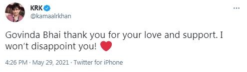 A screenshot of KRK's tweet.