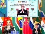 Foreign ministers of Brazil, Russia, India, China, and South Africa did a collective 'namaste' after the meeting of BRICS concluded, in New Delhi. (ANI Photo) Foreign ministers of Brazil, Russia, India, China, and South Africa did a collective 'namaste' after the meeting of BRICS concluded, in New Delhi. (ANI Photo)