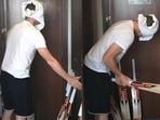 Steve Smith testing his bats out blindfolded.(Twitter) Steve Smith testing his bats out blindfolded.(Twitter)