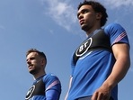 Defender Trent Alexander-Arnold (right) and Jordan Henderson at England training.(Twitter/England) Defender Trent Alexander-Arnold (right) and Jordan Henderson at England training.(Twitter/England)