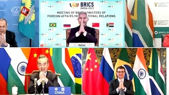 Foreign ministers of Brazil, Russia, India, China, and South Africa did a collective 'namaste' after the meeting of BRICS concluded, in New Delhi. (ANI Photo)