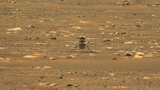 This photo was taken after the first flight of Nasa's Ingenuity Mars Helicopter and the first powered, controlled flight on another planet, captured by Mastcam-Z, a pair of zoomable cameras aboard NASA's Perseverance Mars rover.(NASA/JPL-Caltech)