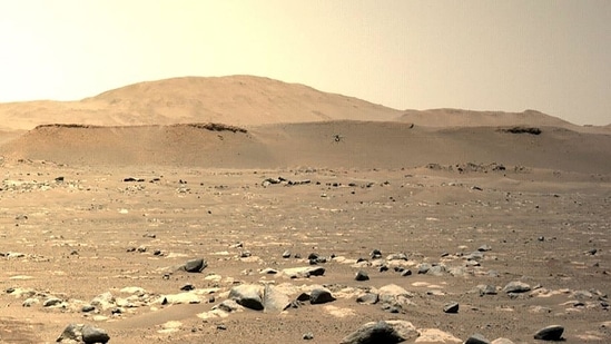 This photo shows Nasa's Ingenuity Mars Helicopter seen hovering during its third flight on April 25, 2021, as seen by the left Navigation Camera aboard Nasa's Perseverance Mars Rover.( NASA/JPL-Caltech/MSS)