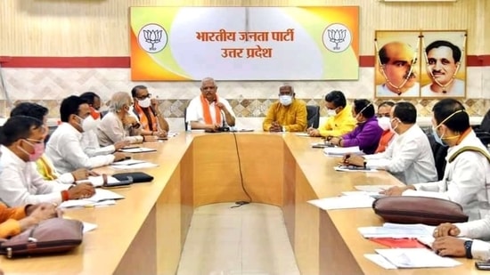 BJP national general secretary (organization) BL Santosh and former Union minister Radha Mohan Singh met senior party leaders of Uttar Pradesh on Monday.(Twitter/@BJP4UP)