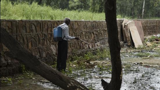 A field worker spraying for mosquitoes in Okhla, in New Delhi. (HT file)