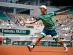 Japan's Kei Nishikori in action during his second round match against Russia's Karen Khachanov