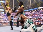 After being drafted to SmackDown in October, Black returned in the WWE Intercontinental Championship match between Apollo Crews, Big E, Kevin Owens, and Sami Zayn.(WWE) After being drafted to SmackDown in October, Black returned in the WWE Intercontinental Championship match between Apollo Crews, Big E, Kevin Owens, and Sami Zayn.(WWE)