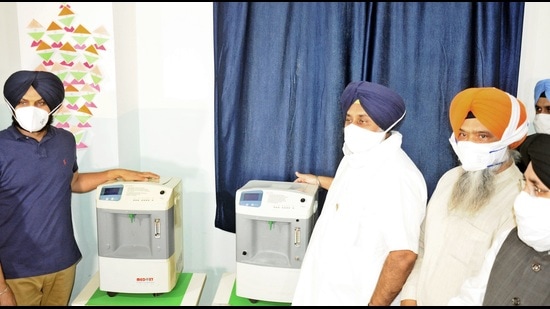 SAD president Sukhbir Singh Badal during the inaugurataition of Covid care centre in Kharar. SAD president Sukhbir Singh Badal during the inaugurataition of Covid care centre in Kharar.
