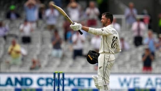 New Zealand's Devon Conway celebrates scoring a century during the first day of the Test match against England at Lord's(AP)
