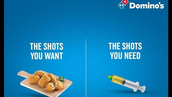 Dominos Pizza posted and captioned the graphic, “Our cheesy potato shots can wait, the first dose of vaccination can’t!” (Photos: Instagram) Dominos Pizza posted and captioned the graphic, “Our cheesy potato shots can wait, the first dose of vaccination can’t!” (Photos: Instagram)