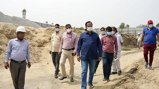 Delhi health minister Satyendar Jain visits five under-construction hospital sites of the Delhi government in New Delhi on Wednesday. (ANI PHOTO.)