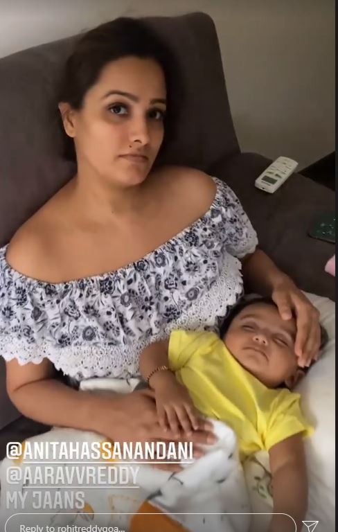 Caught unawares, Anita woke up from her nap as Aaravv slept in her lap.
