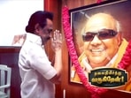 Tamil Nadu chief minister MK Stalin pays tribute to his father M Karunanidhi on his 98th birth anniversary on Thursday, Tamil Nadu chief minister MK Stalin pays tribute to his father M Karunanidhi on his 98th birth anniversary on Thursday,