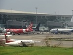 Flights remain parked at Netaji Subhas Chandra Bose International (NSCBI) Airport in Kolkata. (Samir Jana / Hindustan Times) Flights remain parked at Netaji Subhas Chandra Bose International (NSCBI) Airport in Kolkata. (Samir Jana / Hindustan Times)
