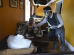 A waiter wearing a face mask, gloves and shield serves diners at Town Hall restaurant as lockdown restrictions ease, in Khan Market. (Biplov Bhuyan/ Hindustan Times) A waiter wearing a face mask, gloves and shield serves diners at Town Hall restaurant as lockdown restrictions ease, in Khan Market. (Biplov Bhuyan/ Hindustan Times)