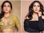 Sara Ali Khan in gold lehenga choli and black bodycon dress looks like a dream(Instagram/@tanghavri) Sara Ali Khan in gold lehenga choli and black bodycon dress looks like a dream(Instagram/@tanghavri)