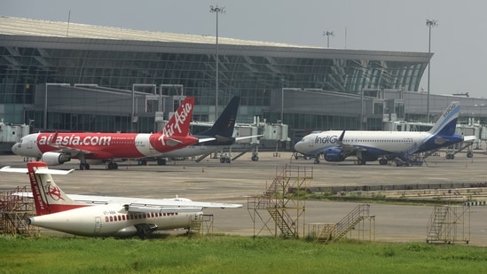 Flights remain parked at Netaji Subhas Chandra Bose International (NSCBI) Airport in Kolkata. (Samir Jana / Hindustan Times)