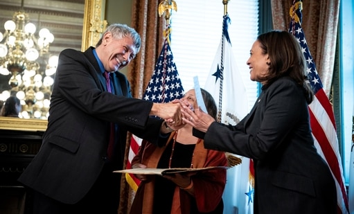 Dr. Eric Lander, Director of the Office of Science and Technology Policy (OSTP), is ceremonially sworn in by US Vice President Kamala Harris in Washington. (REUTERS) Dr. Eric Lander, Director of the Office of Science and Technology Policy (OSTP), is ceremonially sworn in by US Vice President Kamala Harris in Washington. (REUTERS)