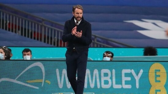 FILE PHOTO: England manager Gareth Southgate reacts.(Pool via REUTERS)