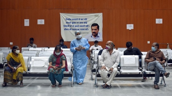 Beneficiaries waiting to receive the dose of the Covid-19 vaccine at a vaccination centre in New Delhi on Thursday. (ANI Photo)