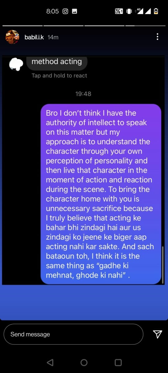 Babil Khan's Instagram Story.