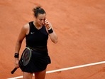 Belarus' Aryna Sabalenka reacts after losing third-round match against Russia's Anastasia Pavlyuchenkova.