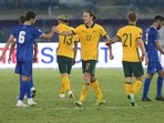 Australia's midfielder Jackson Irvine greets Kuwait's defender Mohammad al-Hiwaidi (L) after the 2022 FIFA World Cup qualification match.(AFP) Australia's midfielder Jackson Irvine greets Kuwait's defender Mohammad al-Hiwaidi (L) after the 2022 FIFA World Cup qualification match.(AFP)