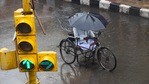 A man on a tricycle under an umbrella during a heavy rain spell.(Shahbaz Khan / PTI) A man on a tricycle under an umbrella during a heavy rain spell.(Shahbaz Khan / PTI)