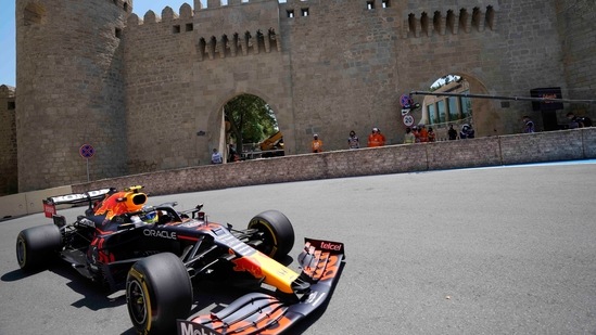 Red Bull driver Sergio Perez of Mexico steers his car during the first free practice at the Baku Formula One city circuit, in Baku, Azerbaijan, Friday, June 4, 2021. The Formula one race will be held on Sunday.(AP)