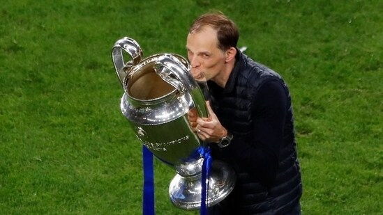 Chelsea manager Thomas Tuchel celebrates with the trophy.(Pool via REUTERS)