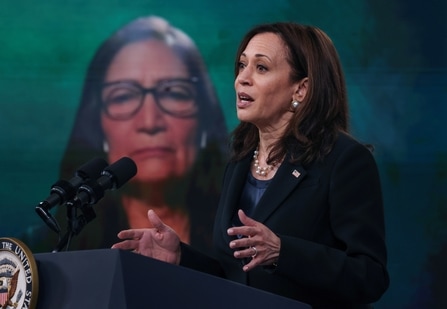 Kamala Harris speaks as she hosts an infrastructure event in the Eisenhower Executive Office Building's South Court Auditorium at the White House in Washington. (REUTERS) Kamala Harris speaks as she hosts an infrastructure event in the Eisenhower Executive Office Building's South Court Auditorium at the White House in Washington. (REUTERS)