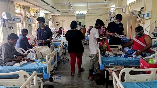 Gandhi Hospital doctors attend the Covid-19 patient in Hyderabad on Monday. (ANI Photo) Gandhi Hospital doctors attend the Covid-19 patient in Hyderabad on Monday. (ANI Photo)