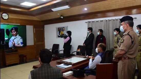 HP chief minister Jai Ram Thakur during the release of ‘Covid Mantra’, an official video produced by a local studio in Shimla on Friday. (HT Photo) HP chief minister Jai Ram Thakur during the release of ‘Covid Mantra’, an official video produced by a local studio in Shimla on Friday. (HT Photo)