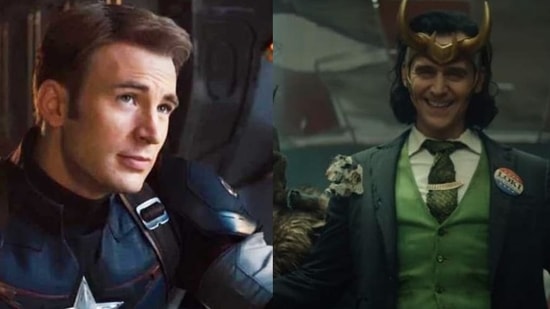 Chris Evans as Captain America and Tom Hiddleston as Loki.