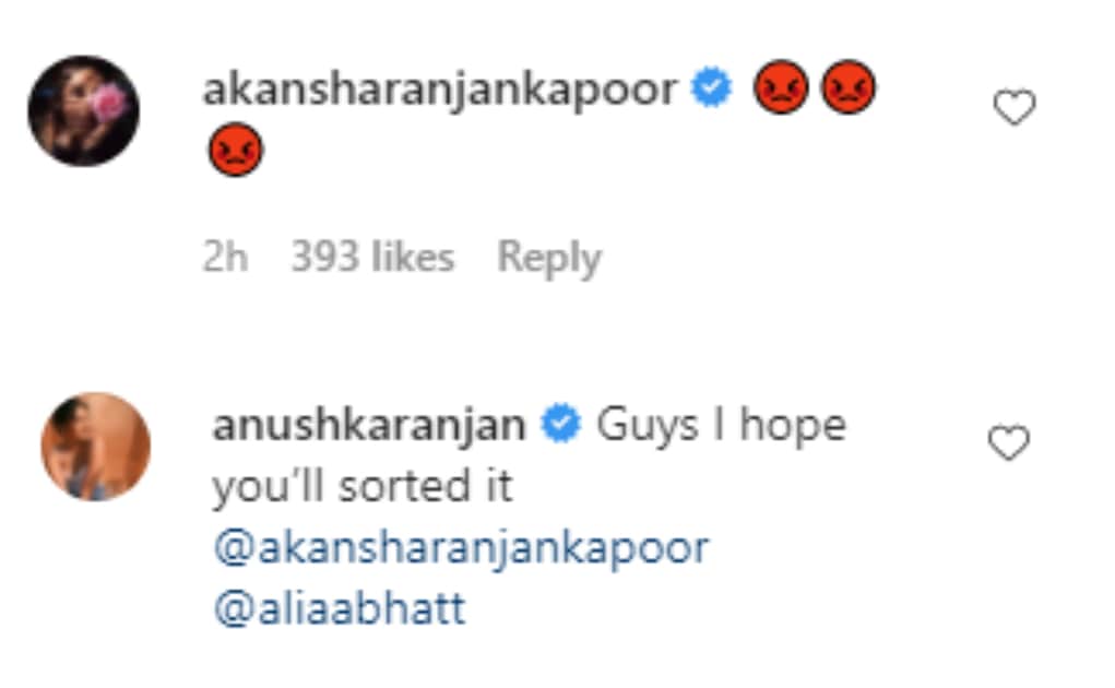 Akansha and Anushka Ranjan's comments on Alia Bhatt's latest Instagram post.