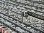 Delhi metro to operate with 50 per cent seating capacity. In picture - Metro trains parked at Timarpur Metro Yard during lockdown in New Delhi.(PTI) Delhi metro to operate with 50 per cent seating capacity. In picture - Metro trains parked at Timarpur Metro Yard during lockdown in New Delhi.(PTI)